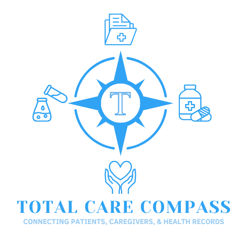 Total Care Compass logo with medical symbols and text about connecting patients, caregivers, and health records.